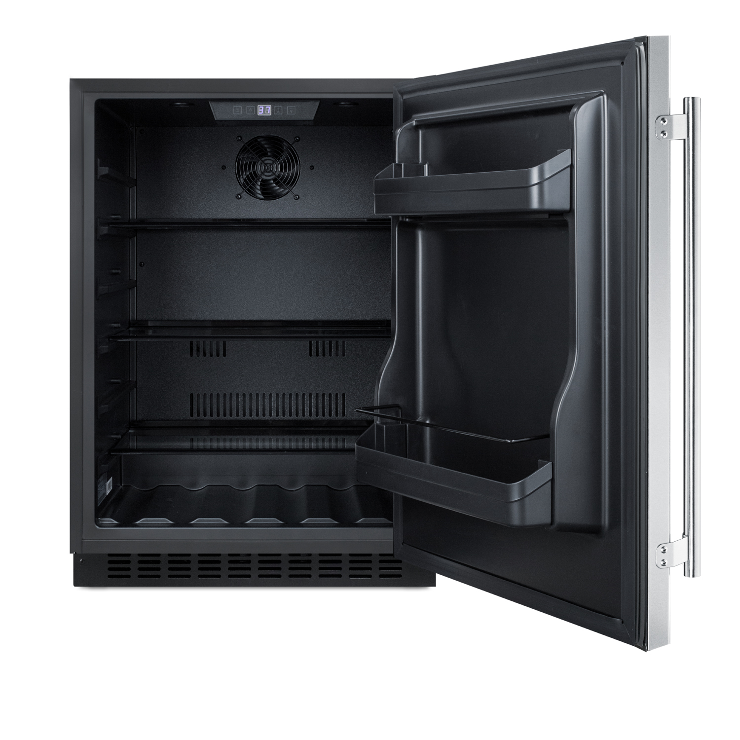 Built-in undercounter ADA compliant all-refrigerator with stainless steel door, black cabinet, door storage, lock, and digital controls